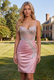 Satin Blush Bodycon korsett med rynkad hemkomstklänning med strass