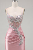 Satin Blush Bodycon korsett med rynkad hemkomstklänning med strass
