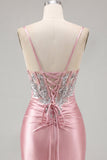 Satin Blush Bodycon korsett med rynkad hemkomstklänning med strass
