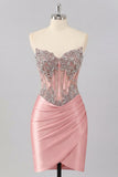 Satin Blush Sweetheart Bodycon korsett med rynkade hemkomstklänningar med strass
