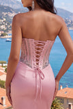 Satin Blush Sweetheart Bodycon korsett med rynkade hemkomstklänningar med strass