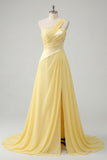 A-linje Chiffon Butter Yellow Enaxlad rynkad maxiklänning med slits