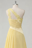 A-linje Chiffon Butter Yellow Enaxlad rynkad maxiklänning med slits