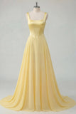 A-Line Butter Yellow Chiffon Korsett-maxiklänning med korsett med korsett i halsen