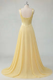 A-Line Butter Yellow Chiffon Korsett-maxiklänning med korsett med korsett i halsen