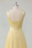 A-Line Butter Yellow Chiffon Korsett-maxiklänning med korsett med korsett i halsen