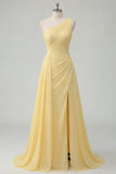Butter Yellow A-linje enaxlad chiffon rynkad maxiklänning med slits