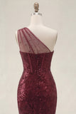 Glittrande vinröda paljetter sjöjungfruklänning med en axel och lång balklänning med slits