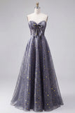 Celestial Midnight Enchanting Starry A-Line Sweetheart Long Balklänning med rosett