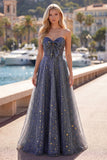 Celestial Midnight Enchanting Starry A-Line Sweetheart Long Balklänning med rosett