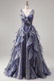 Elegant V-ringad tyll Starry Sky Dusty Blue balklänning med nivådelade volanger