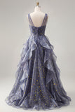 Elegant V-ringad tyll Starry Sky Dusty Blue balklänning med nivådelade volanger