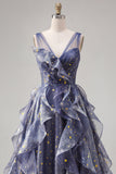 Elegant V-ringad tyll Starry Sky Dusty Blue balklänning med nivådelade volanger