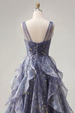 Elegant V-ringad tyll Starry Sky Dusty Blue balklänning med nivådelade volanger
