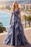 Elegant V-ringad tyll Starry Sky Dusty Blue balklänning med nivådelade volanger