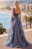 Elegant V-ringad tyll Starry Sky Dusty Blue balklänning med nivådelade volanger
