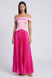 A-linje satinrosa och fuchsia off-shoulder plisserad maxiklänning