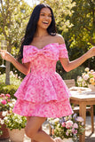 A-linje fuchsia Jacquard mini homecoming-klänning med axelband