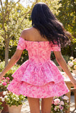 A-linje fuchsia Jacquard mini homecoming-klänning med axelband