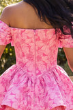 A-linje fuchsia Jacquard mini homecoming-klänning med axelband