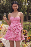 A-linje fuchsia sweetheart jacquard med volang mini homecoming-klänning med rosett