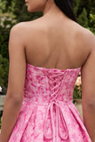 A-linje fuchsia sweetheart jacquard med volang mini homecoming-klänning med rosett