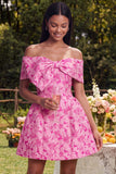 Axeloff-shoulder A-linje fuchsia jacquard mini homecoming-klänning med rosett