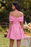 Axeloff-shoulder A-linje fuchsia jacquard mini homecoming-klänning med rosett