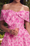 Axeloff-shoulder A-linje fuchsia jacquard mini homecoming-klänning med rosett