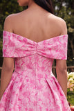 Axeloff-shoulder A-linje fuchsia jacquard mini homecoming-klänning med rosett
