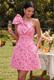 Enaxlad A-linje fuchsia jacquard mini homecoming-klänning med rosett