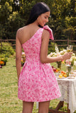 Enaxlad A-linje fuchsia jacquard mini homecoming-klänning med rosett