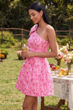 Enaxlad A-linje fuchsia jacquard mini homecoming-klänning med rosett