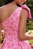 Enaxlad A-linje fuchsia jacquard mini homecoming-klänning med rosett