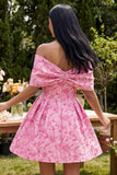 A-linje fuchsia jacquard med axelbunden mini-homecoming-klänning med rosett