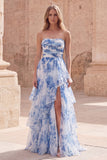 Vitblå axelbandslös A-linje, vrågklädd lång balklänning med slits