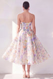 A-linje White Flower axelbandslös chiffon midiklänning med vita blommor