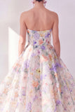 A-linje White Flower axelbandslös chiffon midiklänning med vita blommor