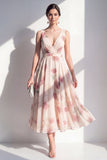 A-linje Chiffon Rouge V-ringad midi-blommig klänning med rynkor
