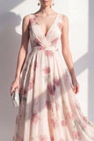 A-linje Chiffon Rouge V-ringad midi-blommig klänning med rynkor