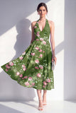 A-linje Chiffon mörkgrön halterneck-midiblommig klänning med halterneck