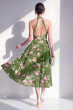 A-linje Chiffon mörkgrön halterneck-midiblommig klänning med halterneck