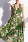 A-linje Chiffon mörkgrön halterneck-midiblommig klänning med halterneck