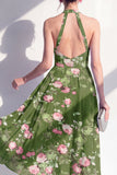 A-linje Chiffon mörkgrön halterneck-midiblommig klänning med halterneck