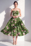 Axelbandslös A-linje Chiffon mörkgrön midi-blommig klänning