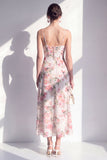 Rosa blommor Spaghetti axelbandslös chiffon med volang midiklänning med slits
