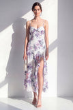 Rosa blommor Spaghetti axelbandslös chiffon med volang midiklänning med slits