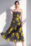 Axelbandslös svart gul blommig Chiffon midiklänning med A-linje