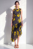 Svart gul blommig A-linje rund hals asymmetrisk chiffon midiklänning