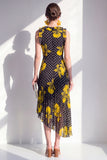 Svart gul blommig A-linje rund hals asymmetrisk chiffon midiklänning